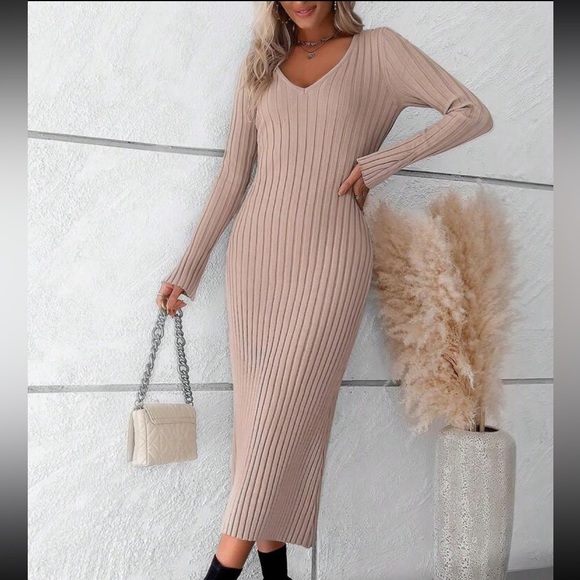 Classic Ribbed Knit Fitted V Neck Long Sleeve Dress Burgundy - Picture 16 of 16